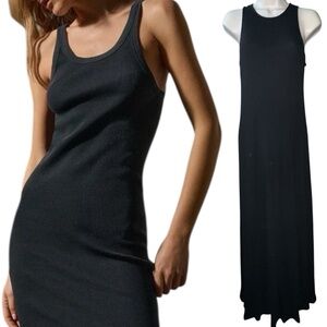 James Perse Ribbed Knit Maxi Dress Black Size 2 Sleeveless Tank Bodycon Stretch